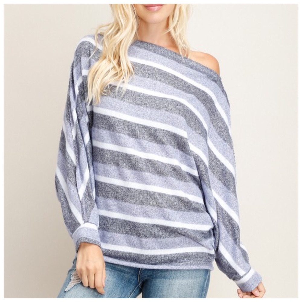Brushed Boat Neck Dolman Sleeve Blue Stripe Top! - Picture 2 of 16